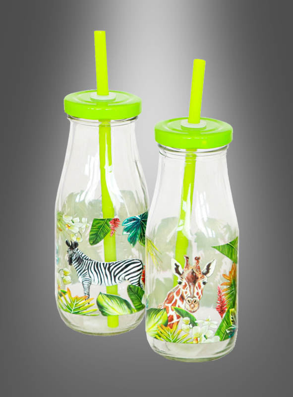 Trinkflasche mit Strohhalm Safari Tiere